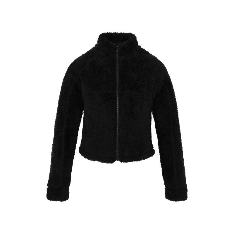 Women's black short faux shearling jacket - black fuzzy coat stand collar cropped winter coat trendy