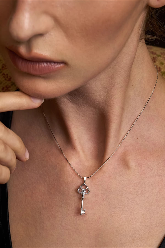 Spade-Shaped Key Necklace — worn by a model