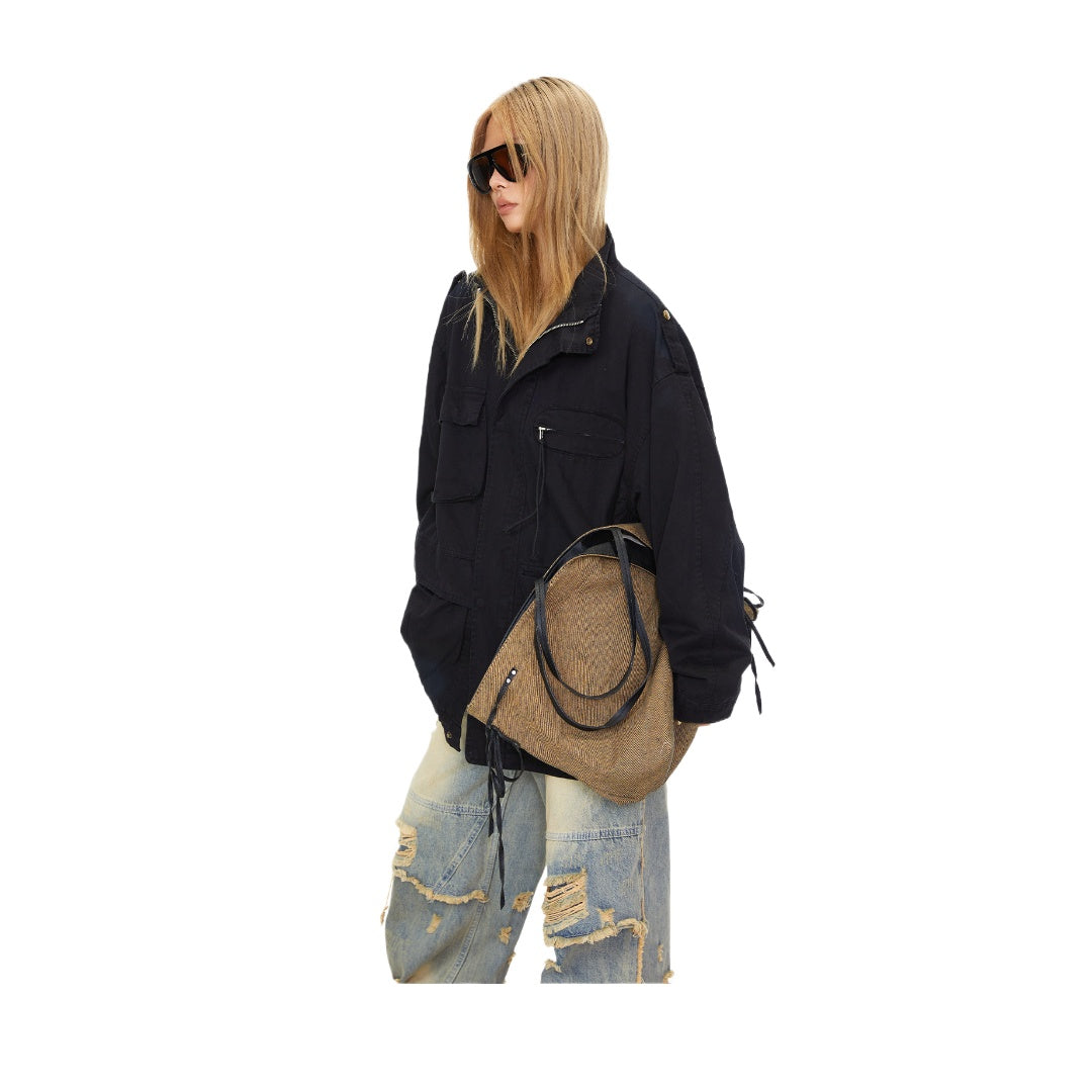 Multi-Pocket Stand Collar Zip Jacket