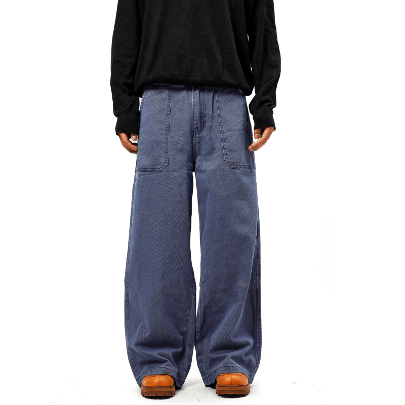 Men's women's French workwear pants - blue wide leg streetwear trousers with patch pockets visible stitching