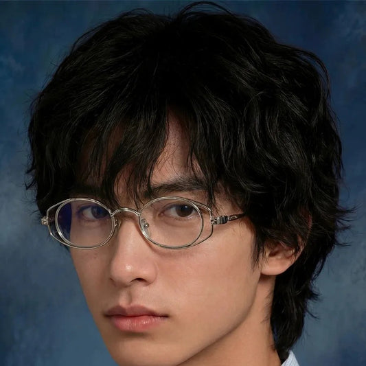 round metal clear-lens glasses, front view on model