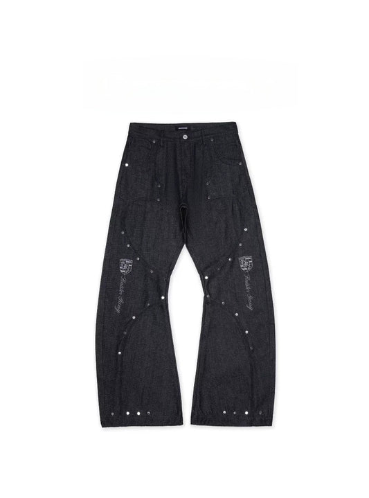 Racing Embroidered Studded Barrel Jeans in Raw Denim, front flat view