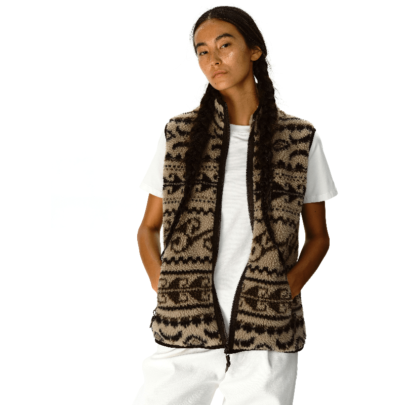 The EastLyst Retro Lamb Wool Gilet is a sleeveless, zip-up vest with a high collar, chest zip pocket, and brown-beige-black patterned design—ideal for autumn and winter layering.