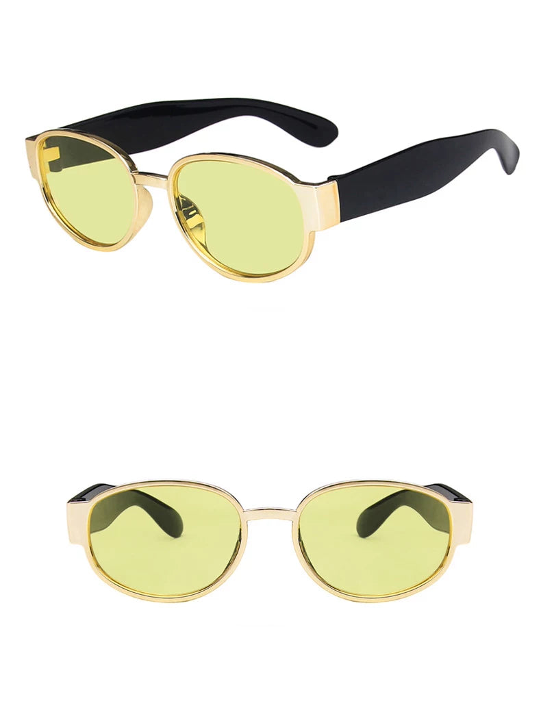 Lunettes de soleil rétro en métal à verres teintés — coloris doré, jaune ; détails de la monture et des verres