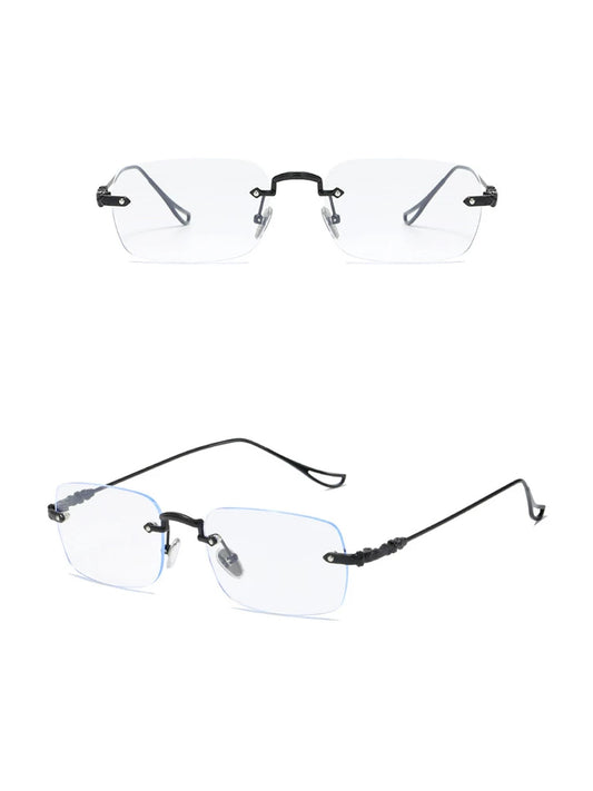 Rimless Clear-Lens Glasses — Black and silver rimless clear-lens glasses shown in two angles
