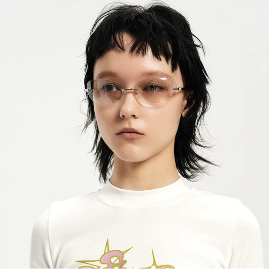 Rimless Gradient Sunglasses — Model wearing rimless clear lenses and white tee