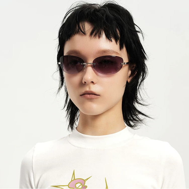 Rimless Gradient Sunglasses — Model wearing rimless gradient sunglasses and white tee