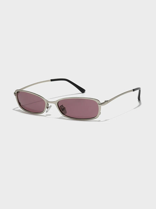 Slim Rectangular Metal-Frame Glasses — Silver-tone frame with grey tinted lenses, three-quarter view