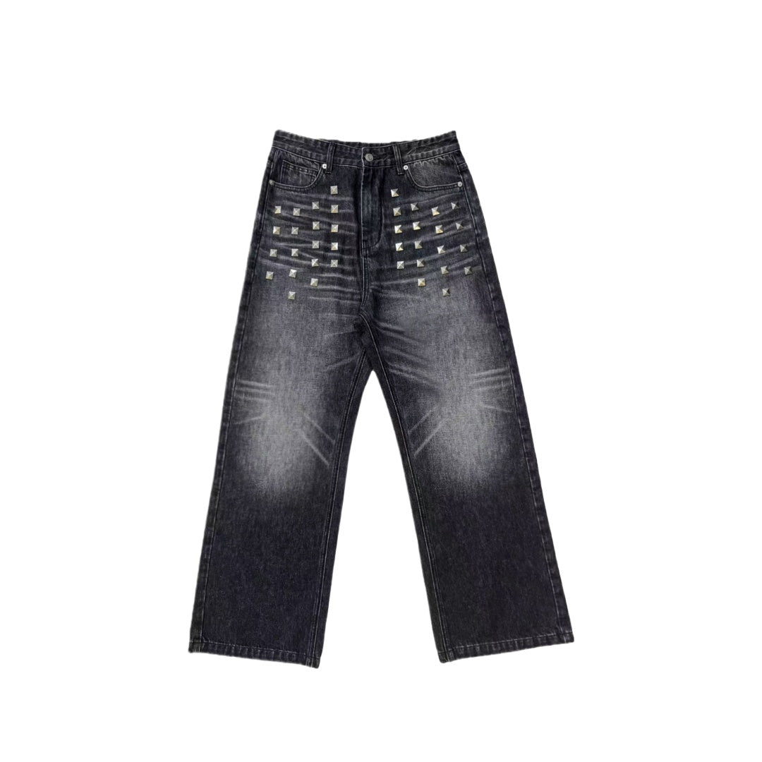Square Stud Trim Straight Leg Jeans