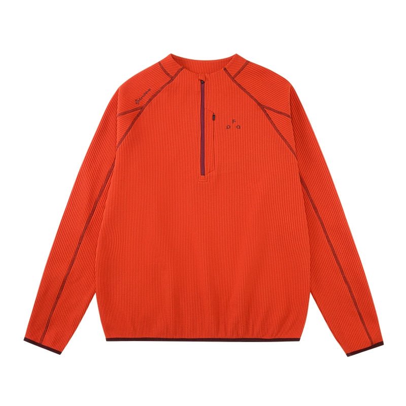 Men's women's UPF 50+ sun protection top - Jiannian red quarter zip pullover Deep red piping premium knit activewear