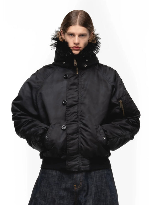 Tie-Dye Bomber Jacket — Model wearing black jacket, front view