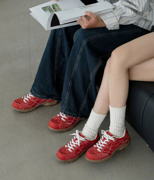 Unisex Retro Racing-Style Sneakers — red sneakers worn with white socks
