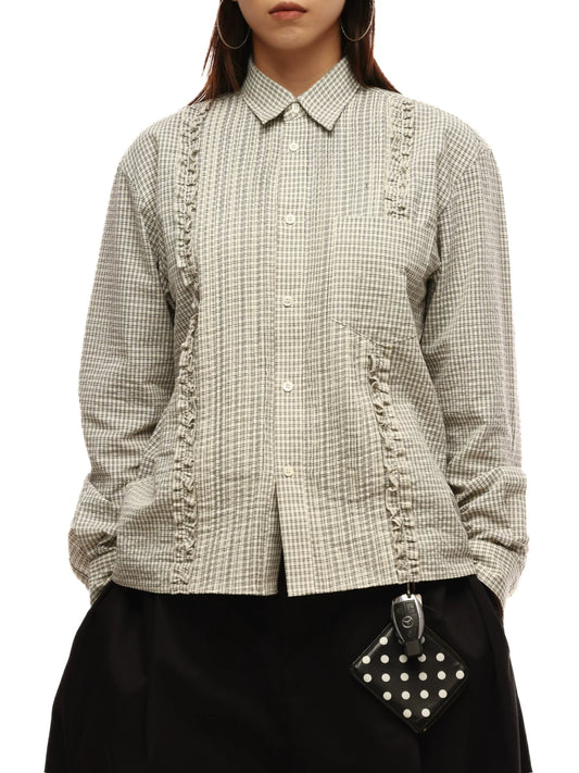 Vintage Pleated Cotton Plaid Collared Shirt