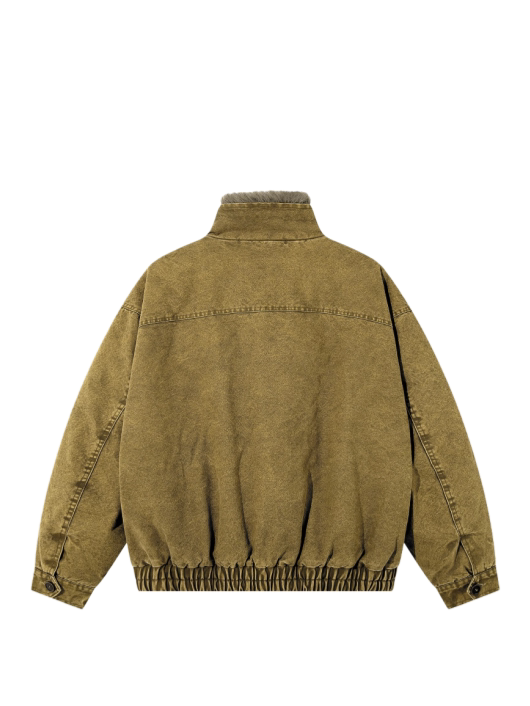 Washed Denim Bomber Jacket — Khaki jacket, back view