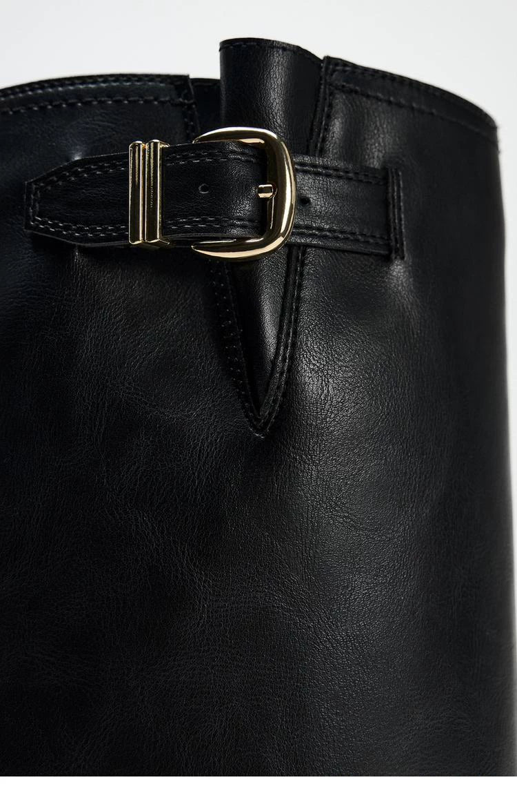 Women's Buckle Round Toe Block Heel Knee-High Boots — black shaft buckle, close-up