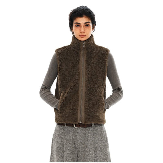 women's curly sherpa vest - Acorn Brown high neck sleeveless gilet plush fleece lining layering piece