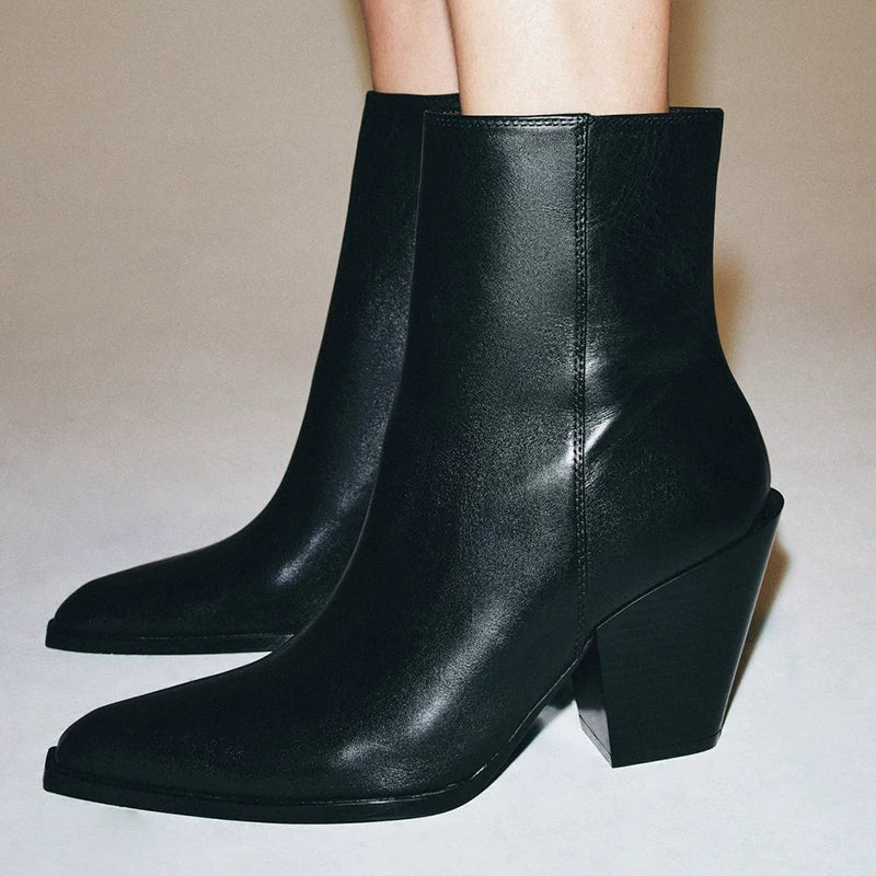 Women's Leather Square Toe Western Ankle Boots — black ankle boots worn, side view