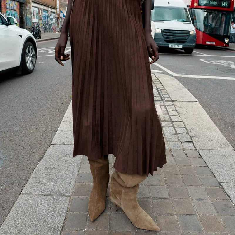 Women's Suede Pointed-Toe 8cm Stiletto Knee-High Boots — tan boots worn with long pleated skirt