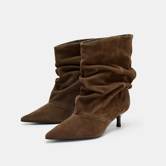 Women's Ruched Pointed Toe Kitten Heel Ankle Boots