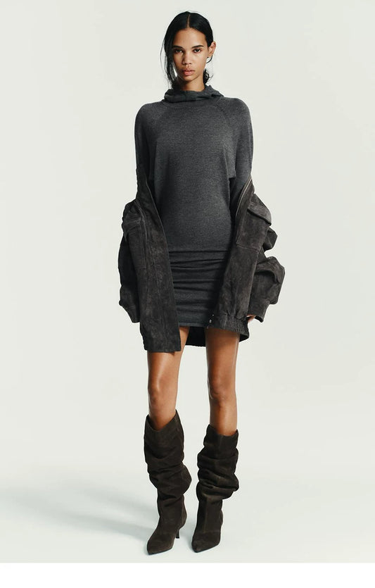Women's Ruched Pointed Toe Kitten Heel Knee-High Boots — model wearing dark brown ruched boots