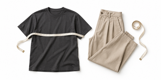 Asian clothing size guide with a charcoal T-shirt, beige trousers and measuring tape on a white background