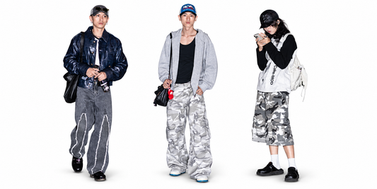 Asian streetwear outfit collage featuring layered jackets, wide-leg trousers and camouflage styles