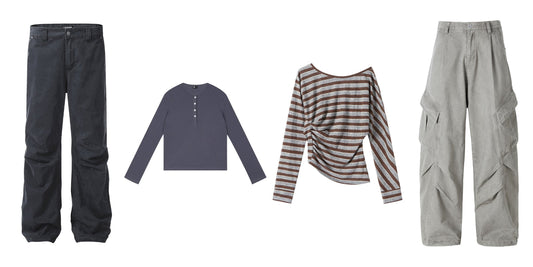 Acubi-inspired outfit pieces: washed cargo jeans, a waffle-knit Henley, an asymmetric striped top and wide-leg cargo pants on white