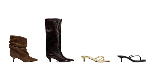 EastLyst kitten-heel ankle boots, knee-high boots and thong sandals on a white background