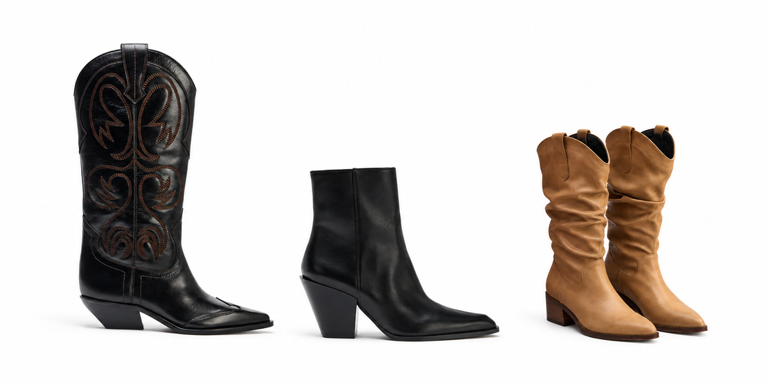 Three Western boot styles on a white background