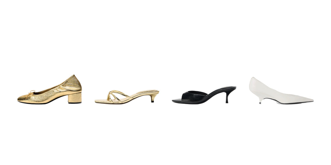 Four EastLyst shoes showing block, kitten, slender and sculptural heels on a white background