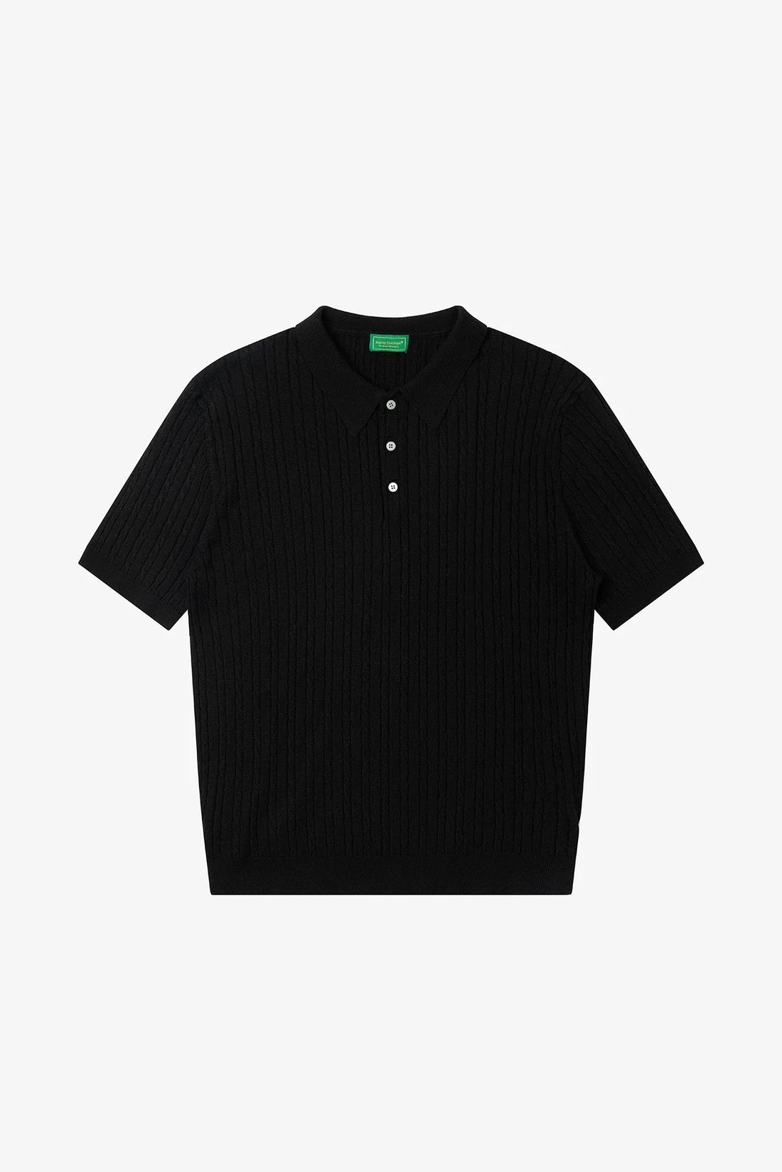 Black short-sleeve knit polo shirt with a buttoned placket
