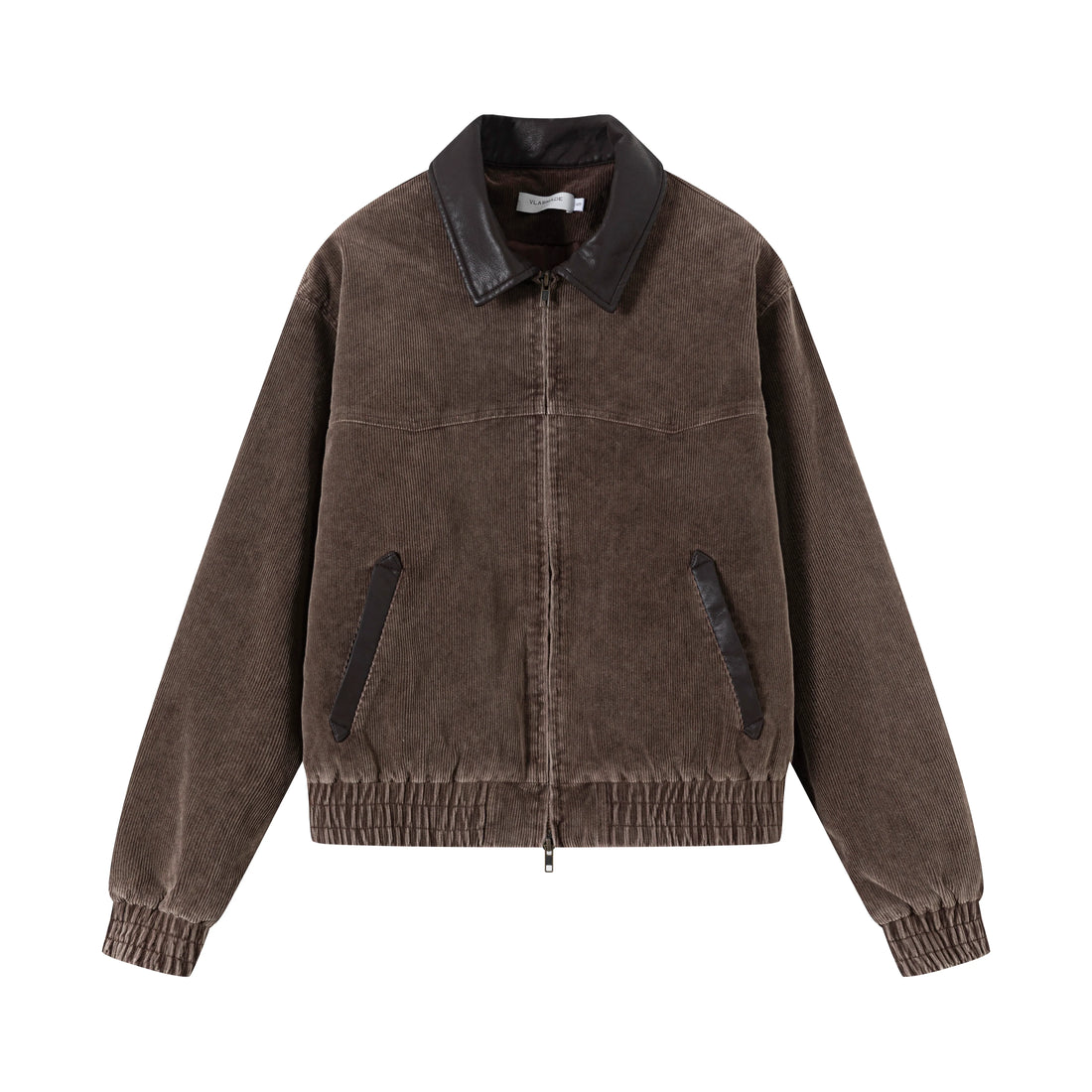 Brown cropped corduroy jacket with a faux-leather collar, an Asian streetwear layering piece