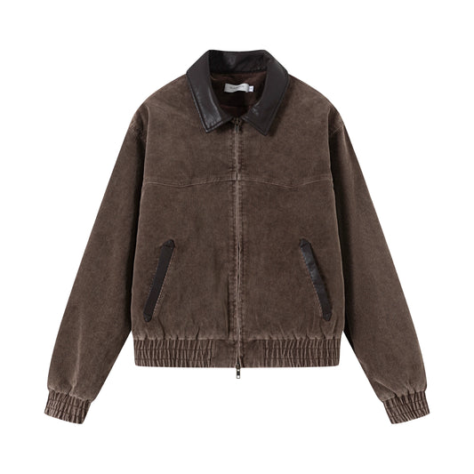 Brown cropped corduroy jacket with a faux-leather collar, an Asian streetwear layering piece
