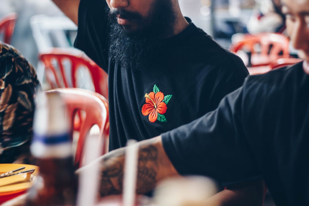 Pestle Mortar tee with hibiscus embroidery — Malaysian kopitiam street mood
