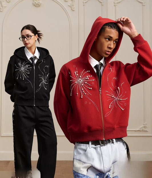Pearl Embroidered Zip Hoodie black and red duo