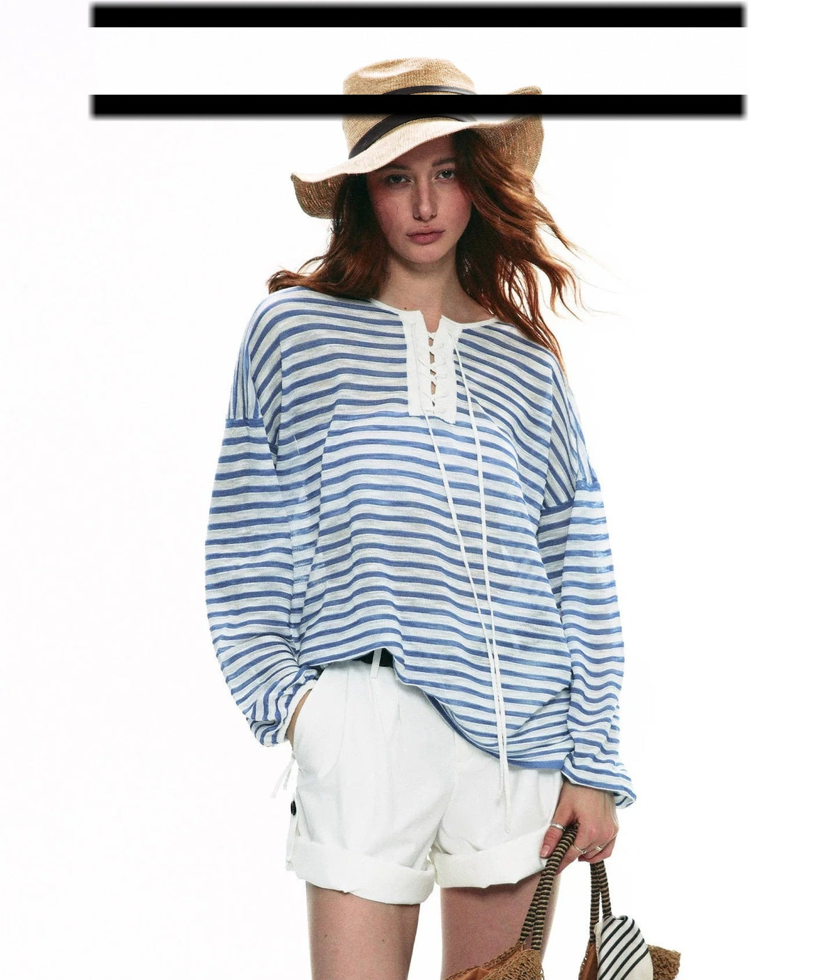 Striped V Neck Knit Top in blue with lace-up neckline
