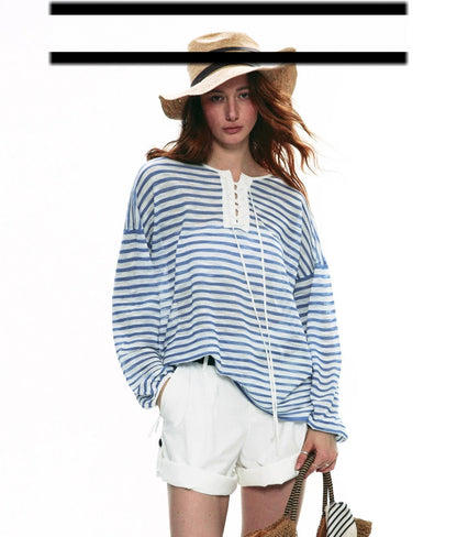 Striped V Neck Knit Top in blue with lace-up neckline