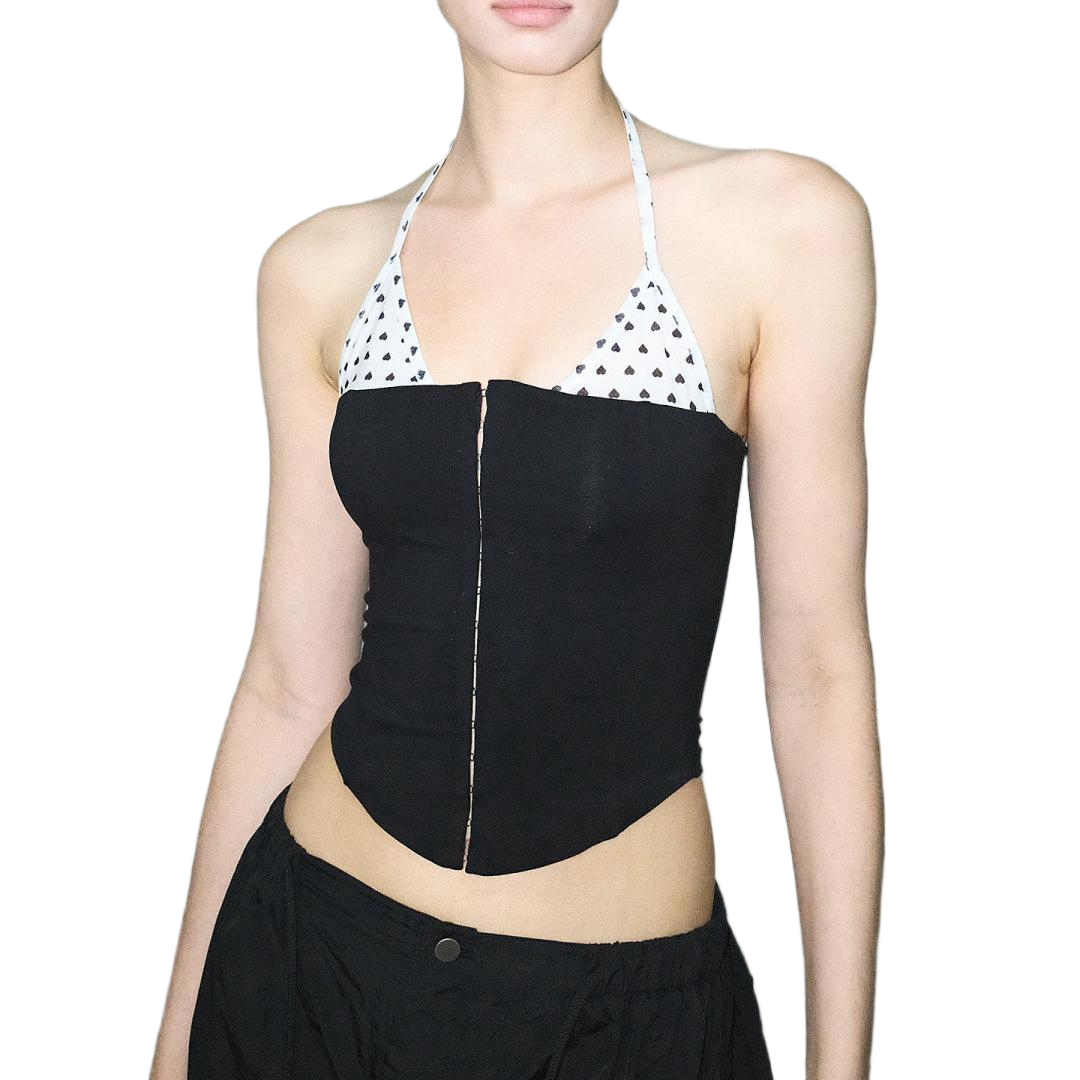 Heart Print Halter Neck Corset Lacing Peplum Top - view 1