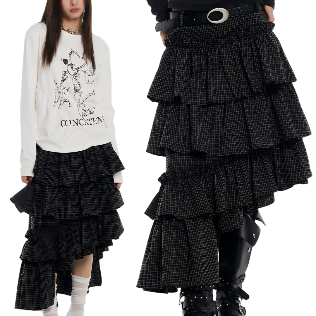 Vintage Plaid Asymmetric Hem Tiered Midi Skirt - view 1