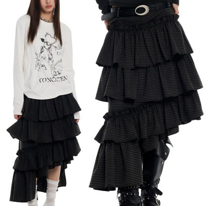 Vintage Plaid Asymmetric Hem Tiered Midi Skirt - view 1