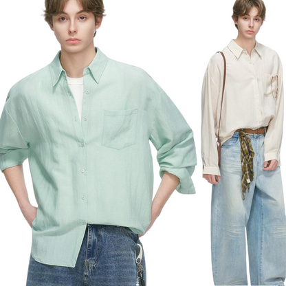 Mint Green Linen Blend Relaxed Button Down Shirt - view 1