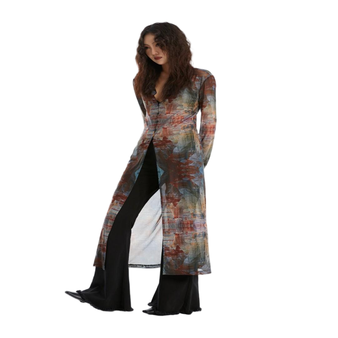 Oil Painting Print Sheer Longline Kimono Cover-Up - view 1