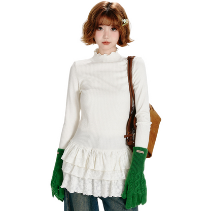 Rib-Knit Layered Ruffle High Neck Long Sleeve T-Shirt - view 1