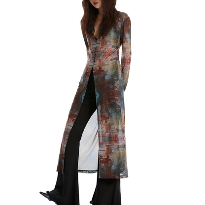 Vintage Print Sheer Tie-Waist Maxi Kimono - view 1