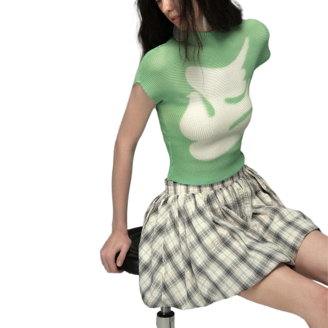 Pleated Gingham Relaxed Fit Tee - view 1