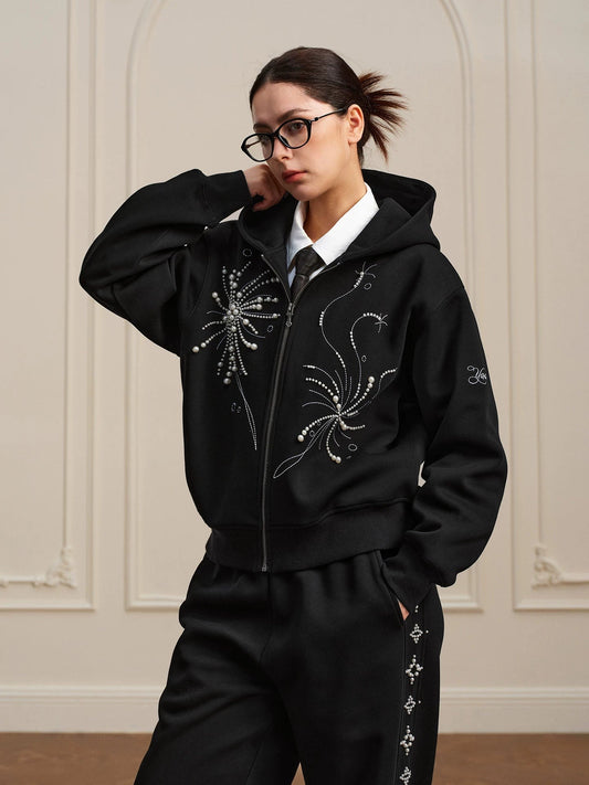 Pearl Embroidered Zip Hoodie black full length
