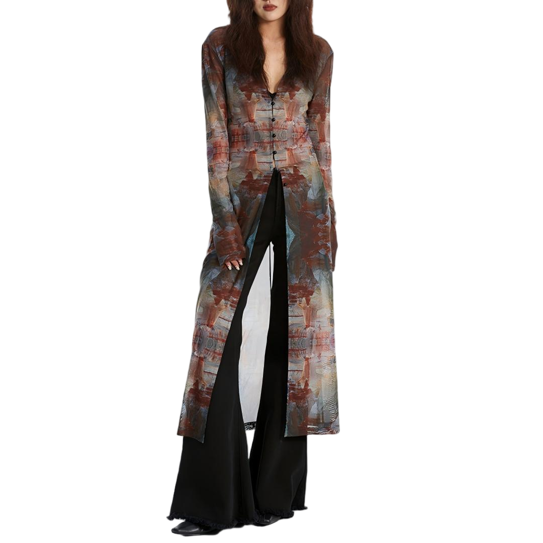 Vintage Print Sheer Tie-Waist Maxi Kimono - view 2