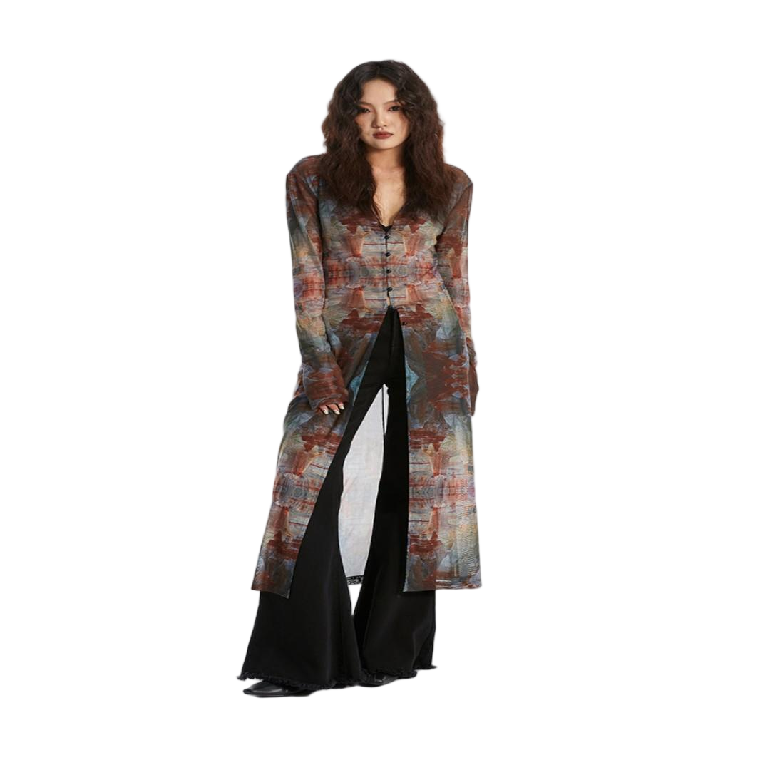 Oil Painting Print Sheer Longline Kimono Cover-Up - view 2