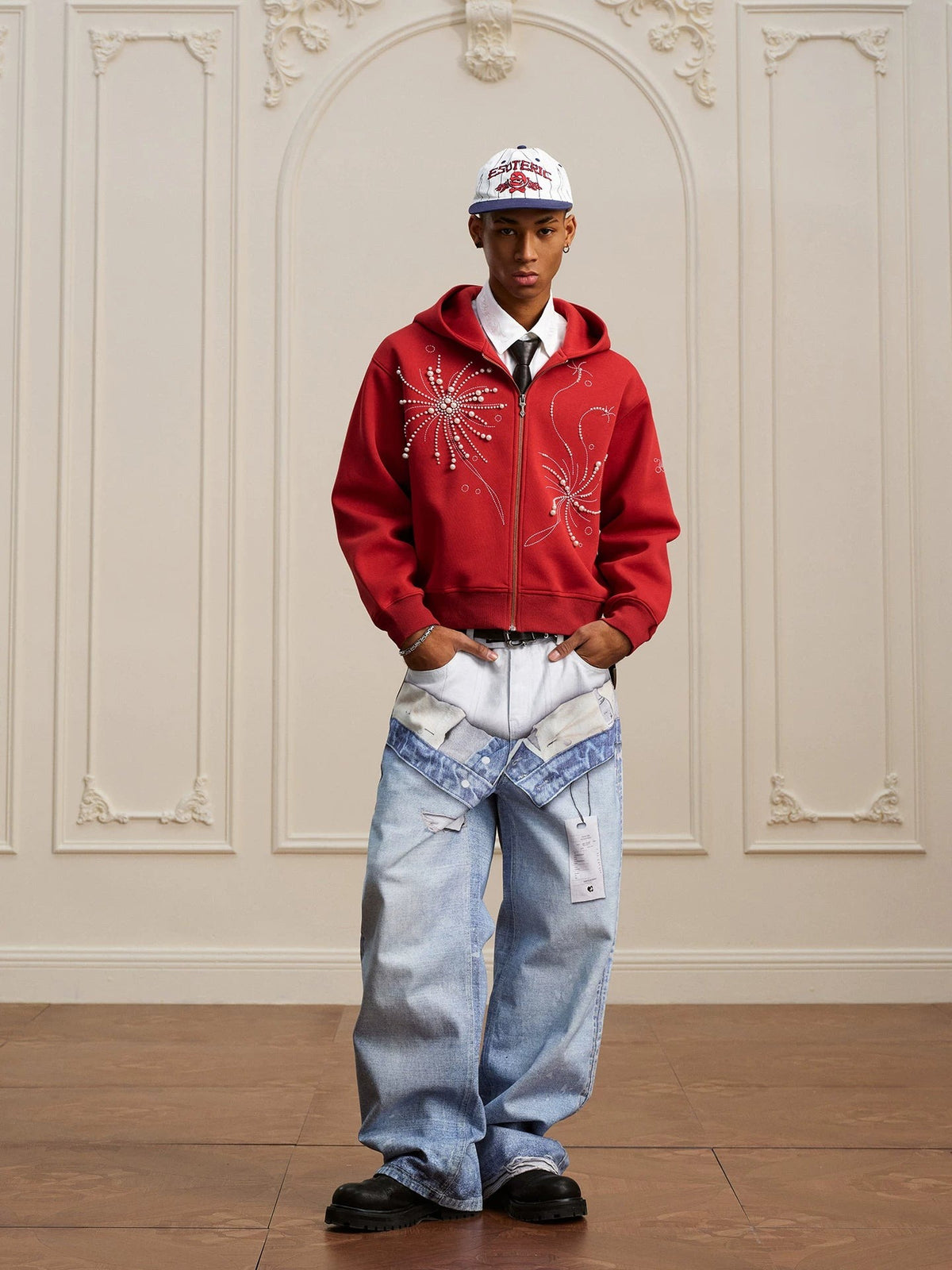 Pearl Embroidered Zip Hoodie red full length