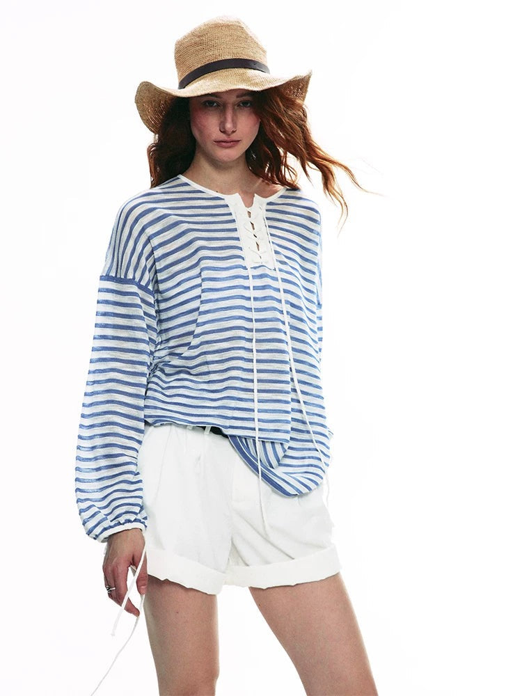 Striped V Neck Knit Top blue three-quarter view